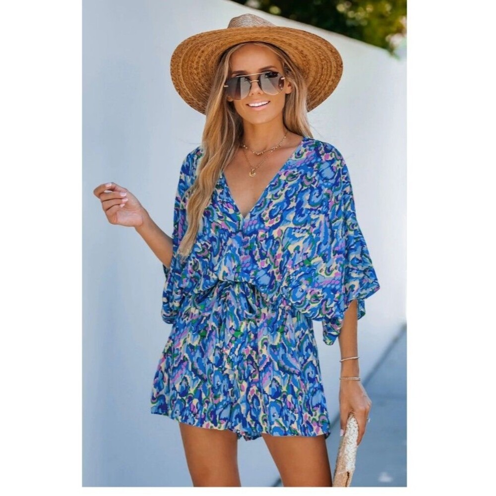 NWT Cupshe Romper Womens Blue Abstract Print V-Neck Dolman Sleeve Medium